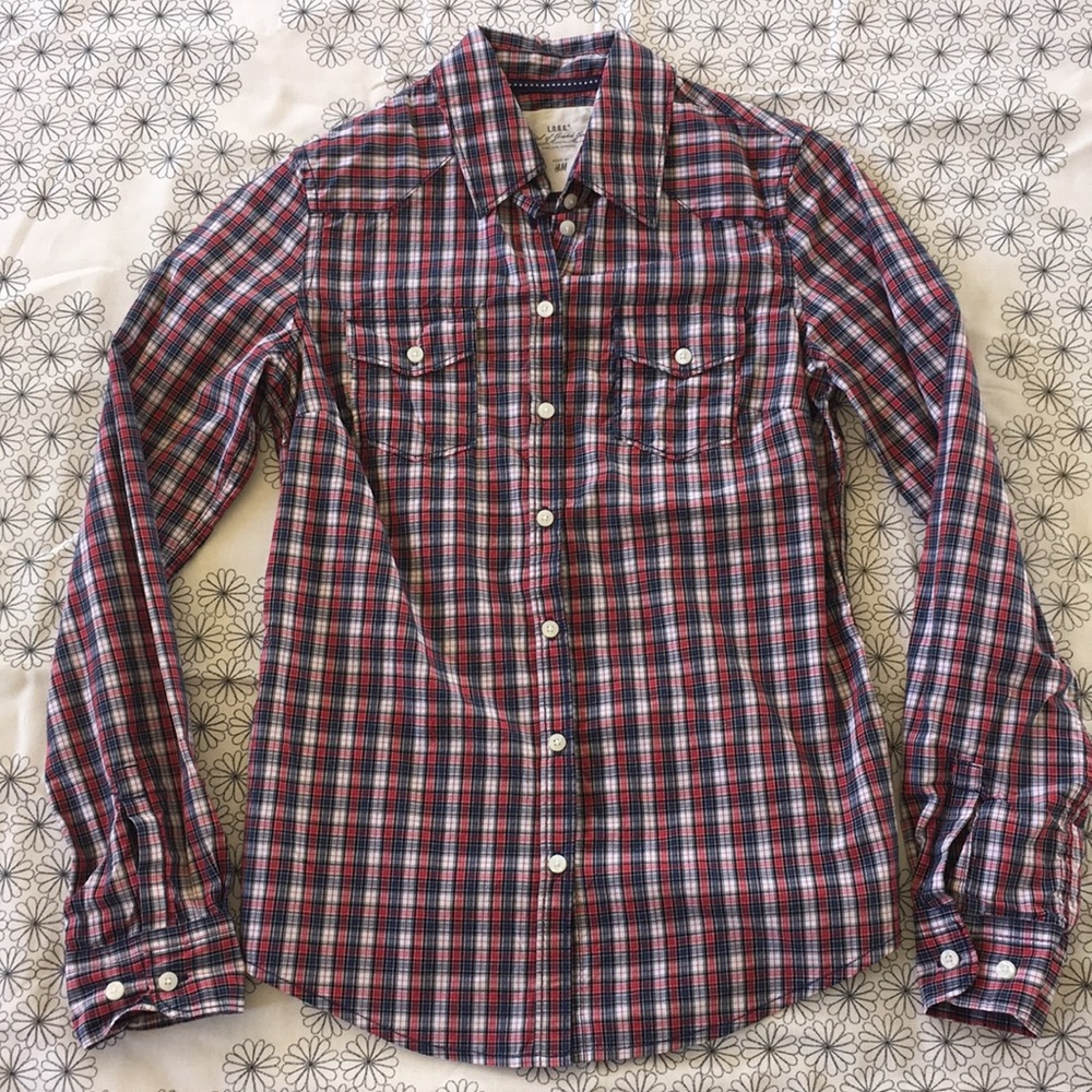 H&M LLOG Cotton Plaid Long Sleeve Shirt sz 2